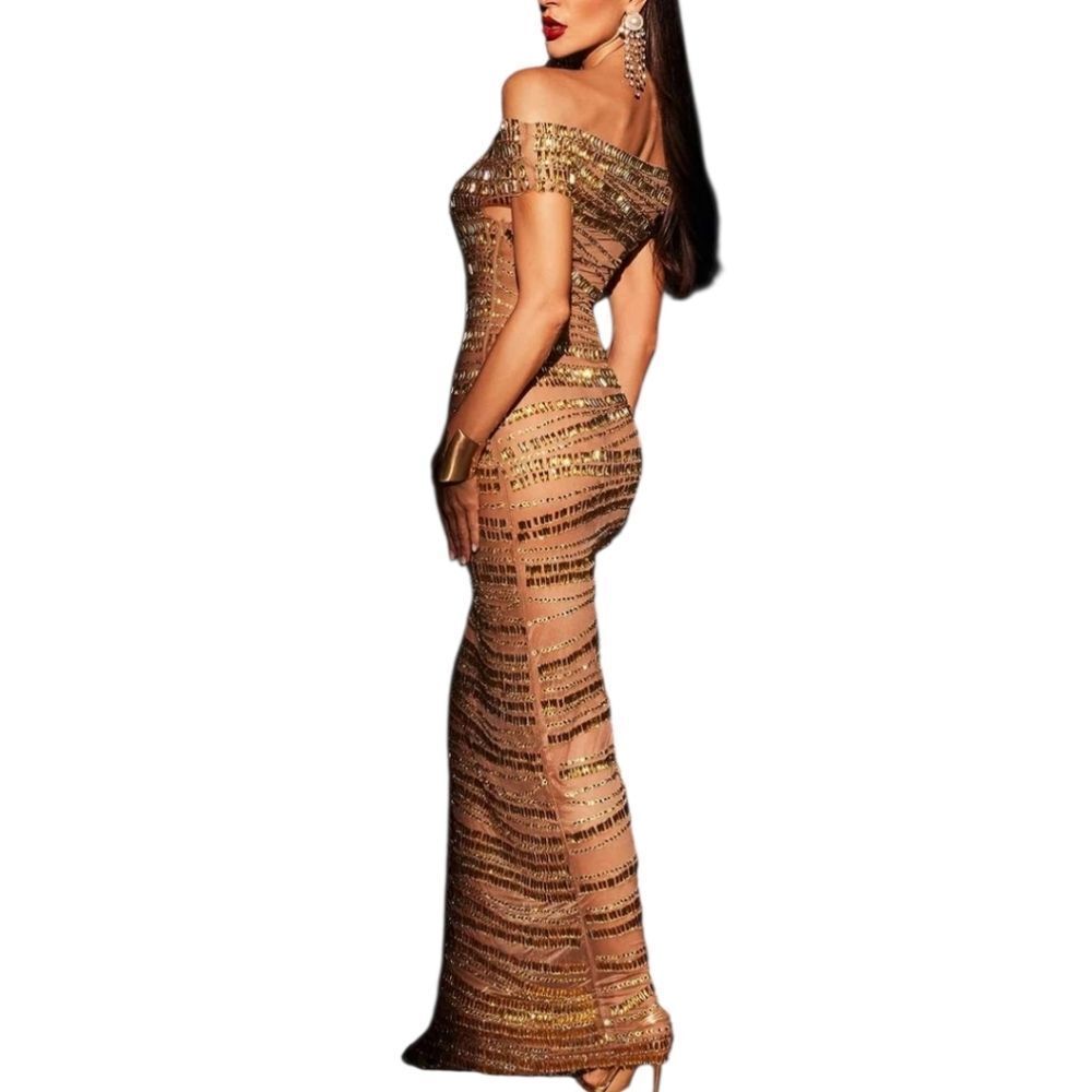 NWT Mew Mews Eryx Off Shoulder Rhinestone Mesh Maxi Dress Sz XL - Picture 2 of 12